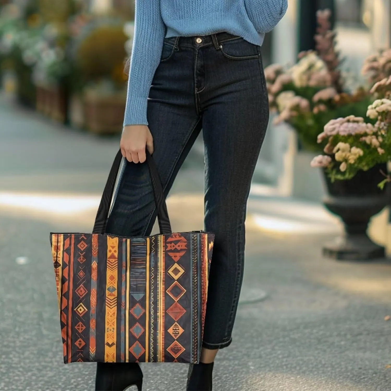 Large Tote Bag for Women African Style Zipper Work Tote Handbag, Ethnic Style Shoulder Bag for Travel,School