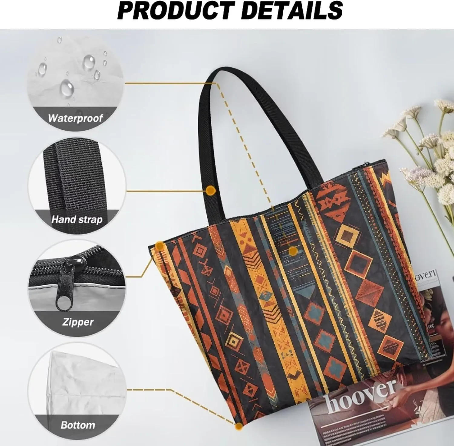 Large Tote Bag for Women African Style Zipper Work Tote Handbag, Ethnic Style Shoulder Bag for Travel,School