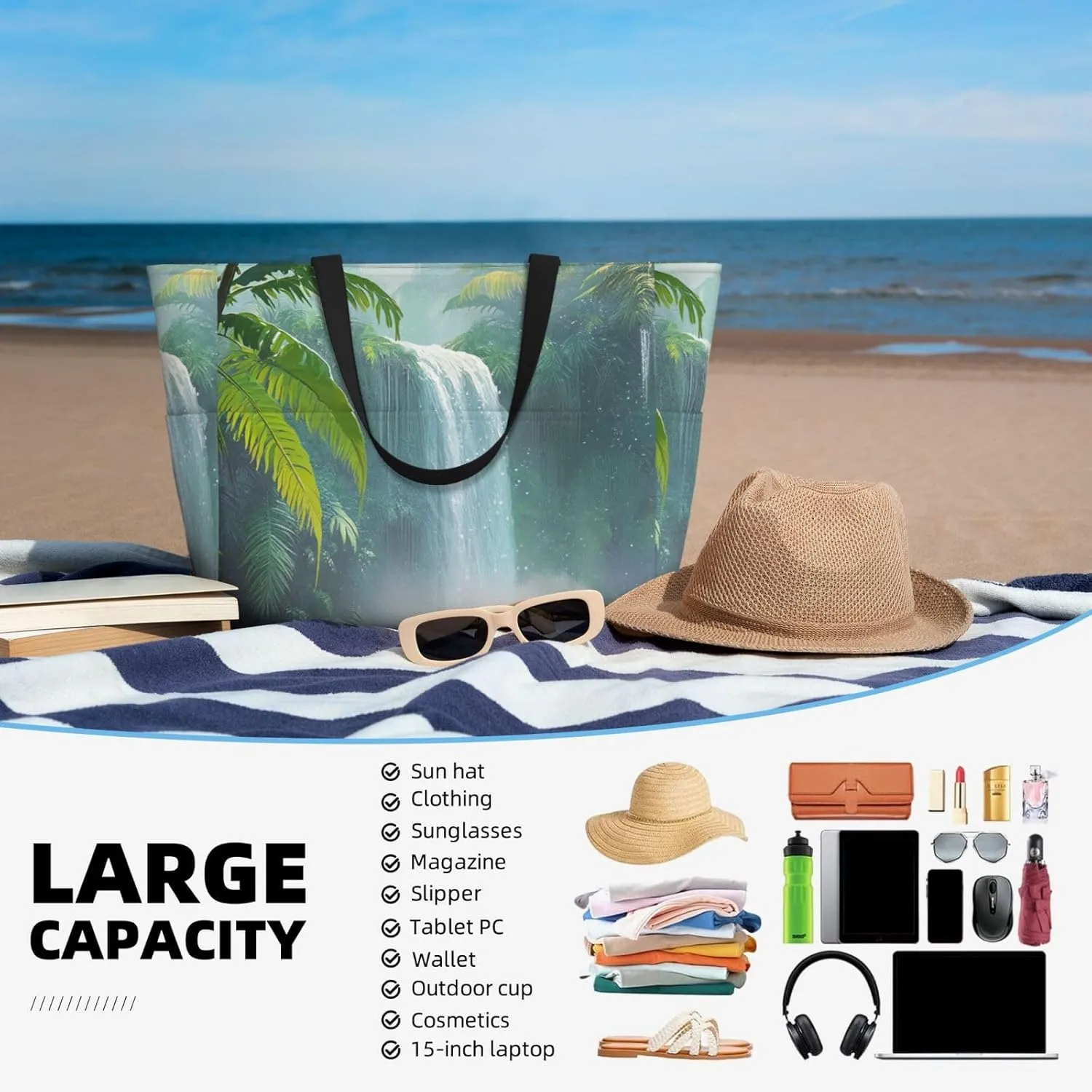 Large Waterproof Beach Bag for Women Sandproof Tote Bag Pool Bag with Zipper for Travel Vacation Gym