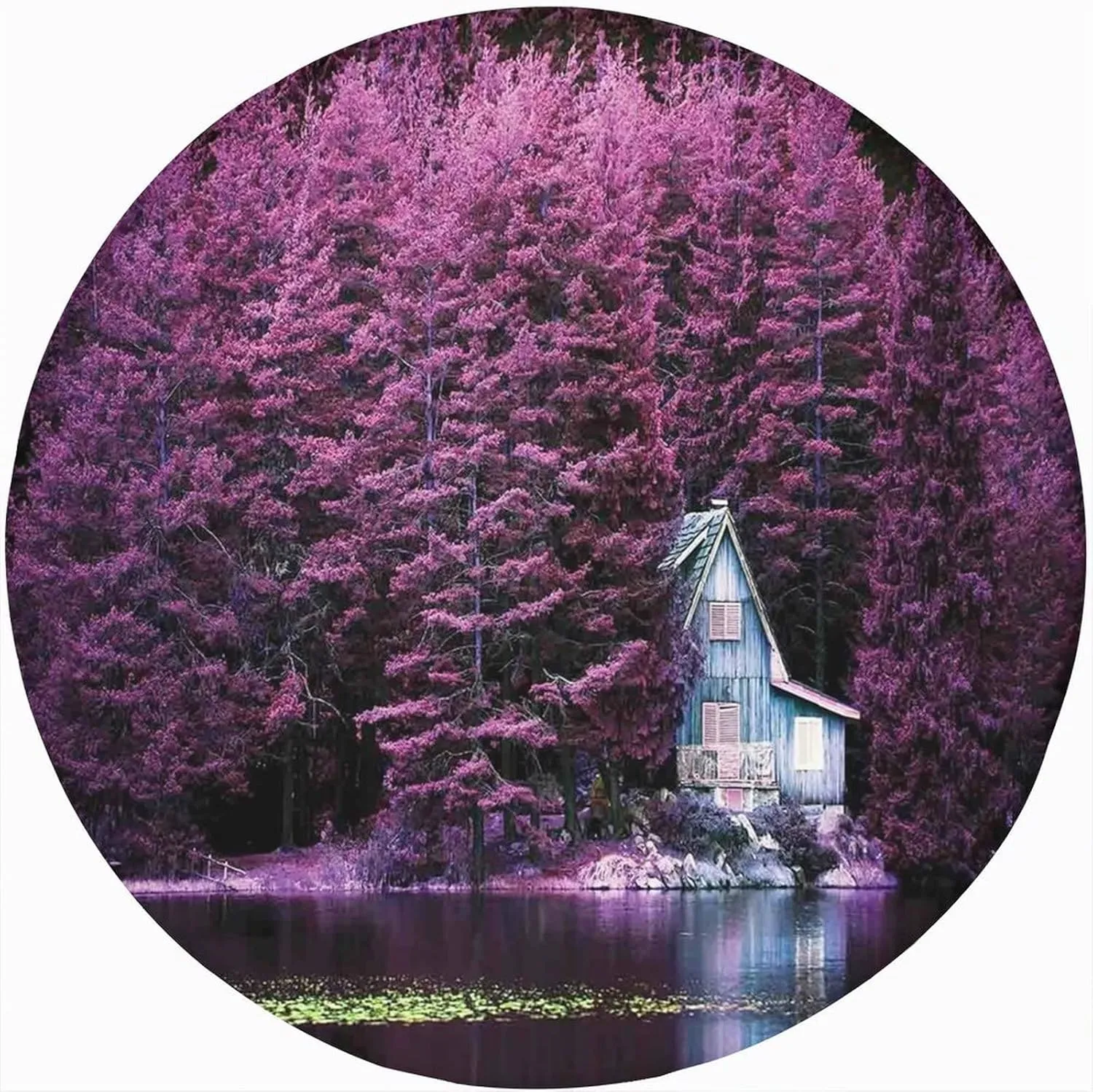 Lavender Round Fitted Tablecloth,Purple Trees by Lake Romantic Spring Nature Print Elastic Edged Polyester Table Pad Small Fit Round Tables Diameter for Party Dining Banquet Purple 72x72 in