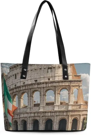 Leather Tote Bag for Women Shoulder Travel Purses Handbags Roman Colosseum Italian Flag Aesthetic Shopping Bags Ladies