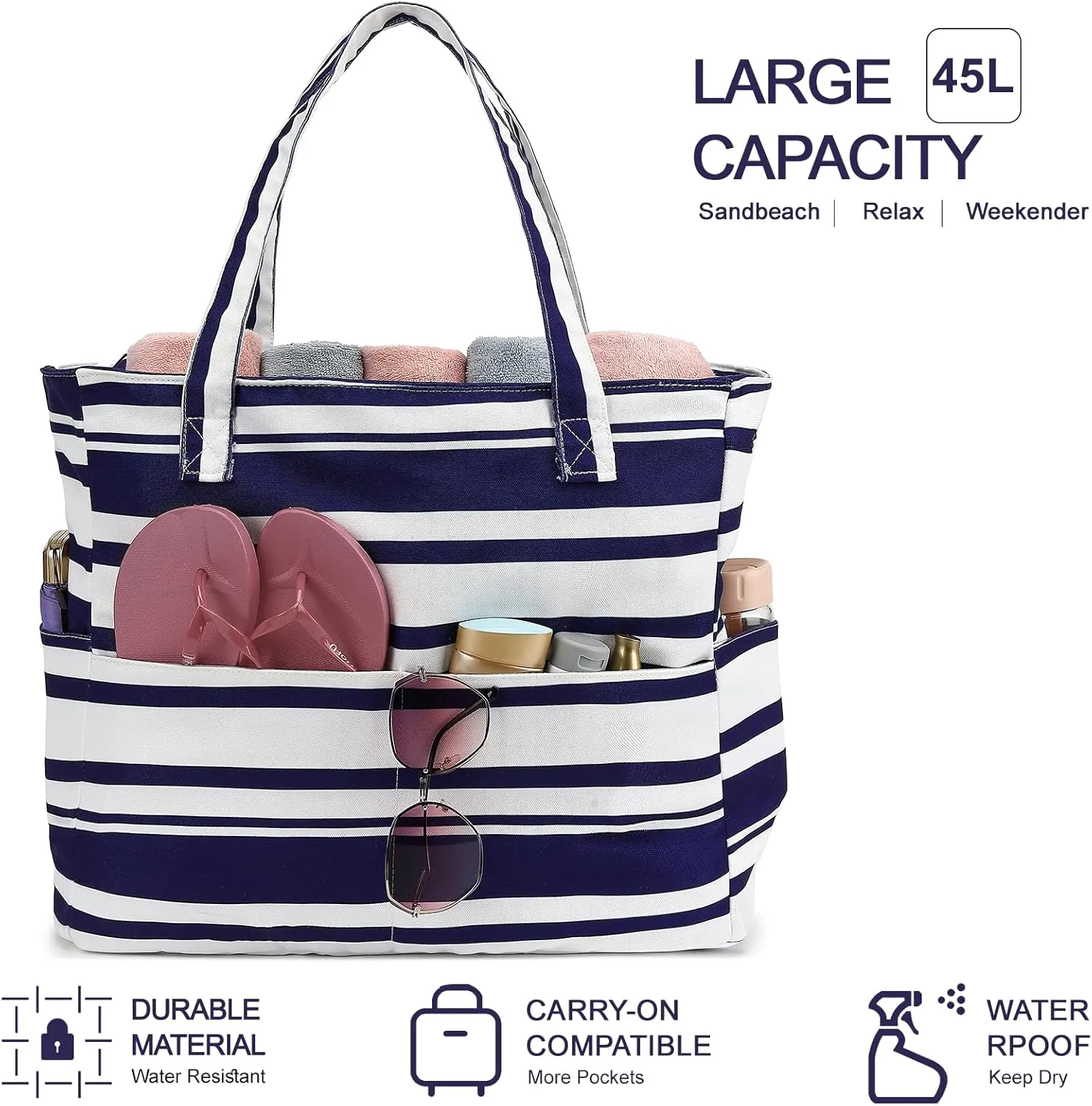 LEDAOU Beach Bag Waterproof Sandproof Women Tote Bag Pool Bag with Zipper for Gym Grocery Travel with Wet Pocket