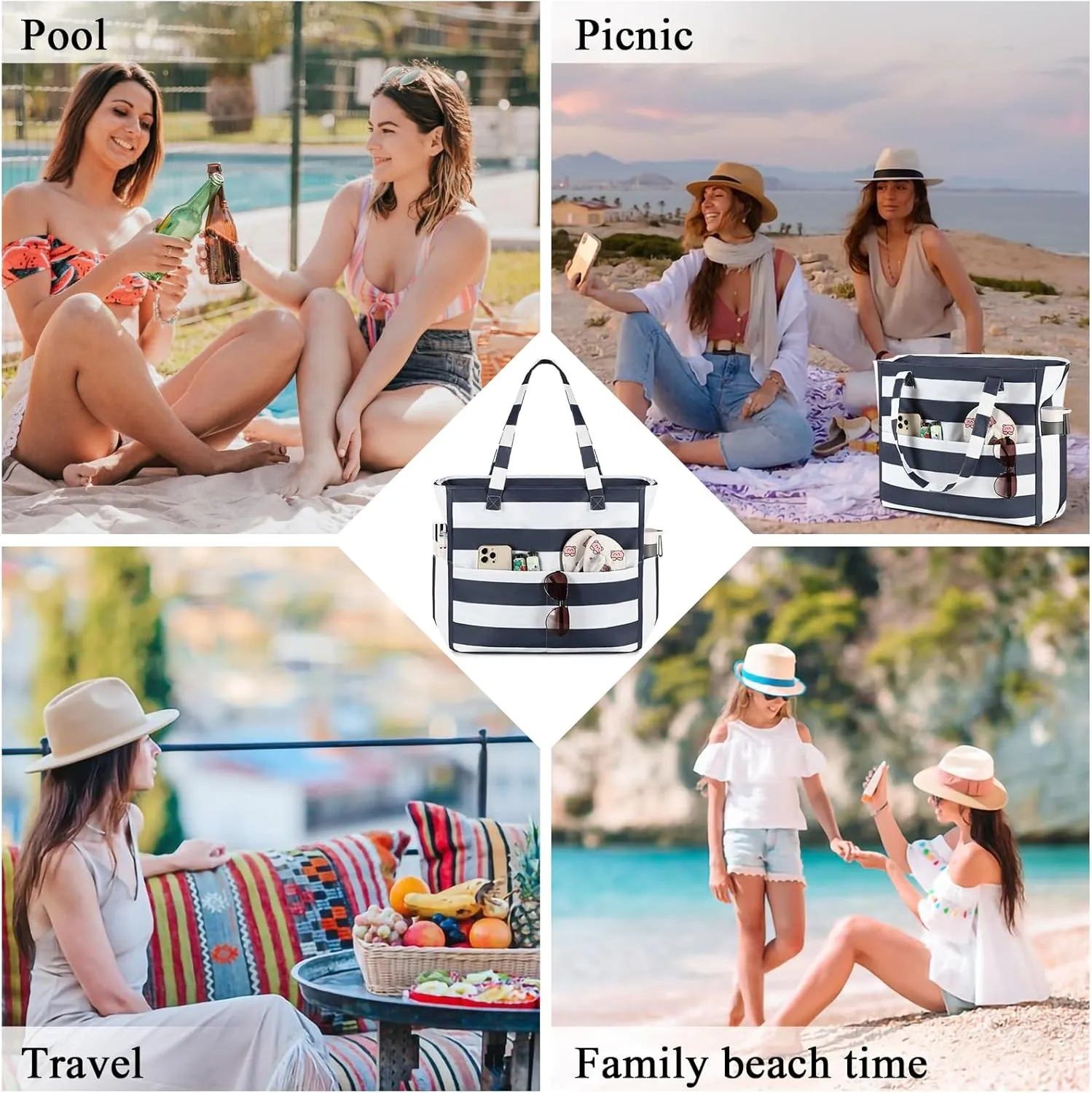 LEDAOU Beach Bag Waterproof Sandproof Women Tote Bag Pool Bag with Zipper for Gym Grocery Travel with Wet Pocket