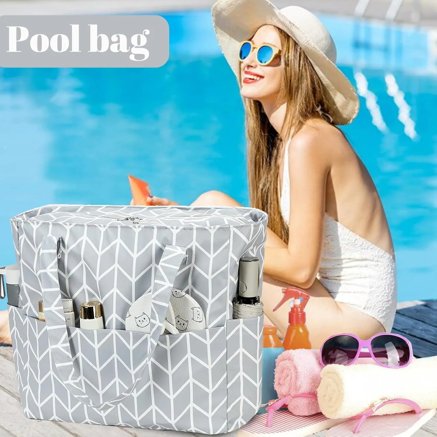 LEDAOU Beach Bag Waterproof Sandproof Women Tote Bag Pool Bag with Zipper for Gym Grocery Travel with Wet Pocket