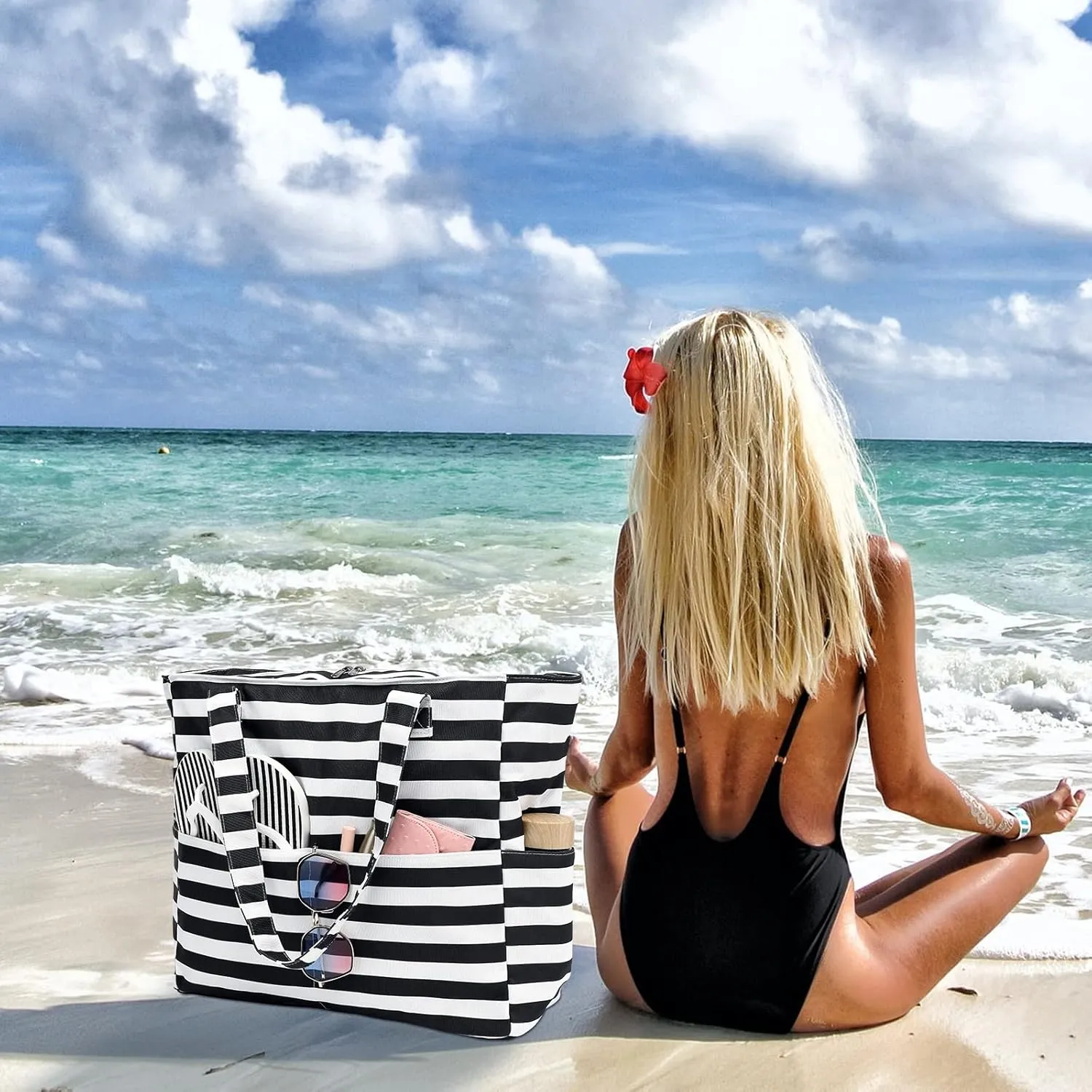 LEDAOU Beach Bag Waterproof Sandproof Women Tote Bag Pool Bag with Zipper for Gym Grocery Travel with Wet Pocket