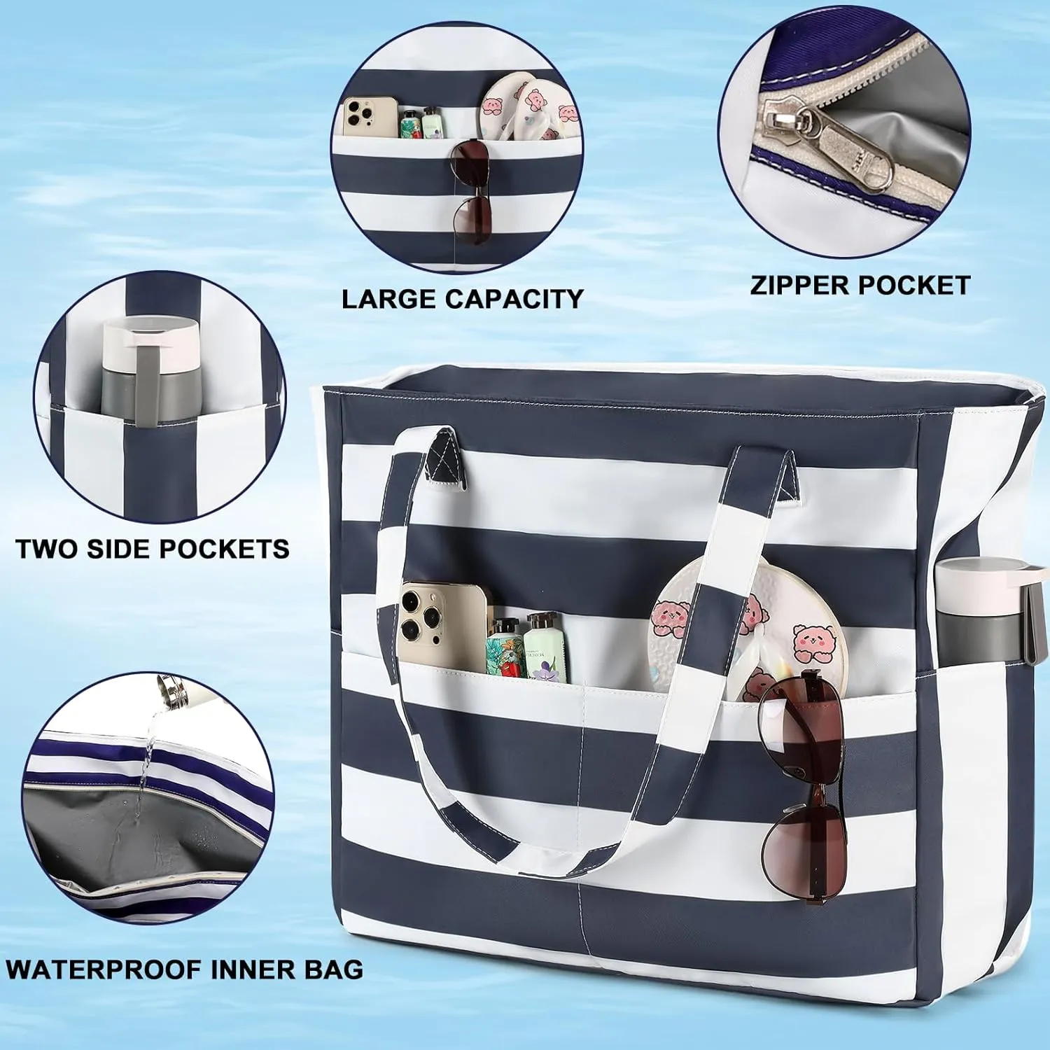 LEDAOU Beach Bag Waterproof Sandproof Women Tote Bag Pool Bag with Zipper for Gym Grocery Travel with Wet Pocket