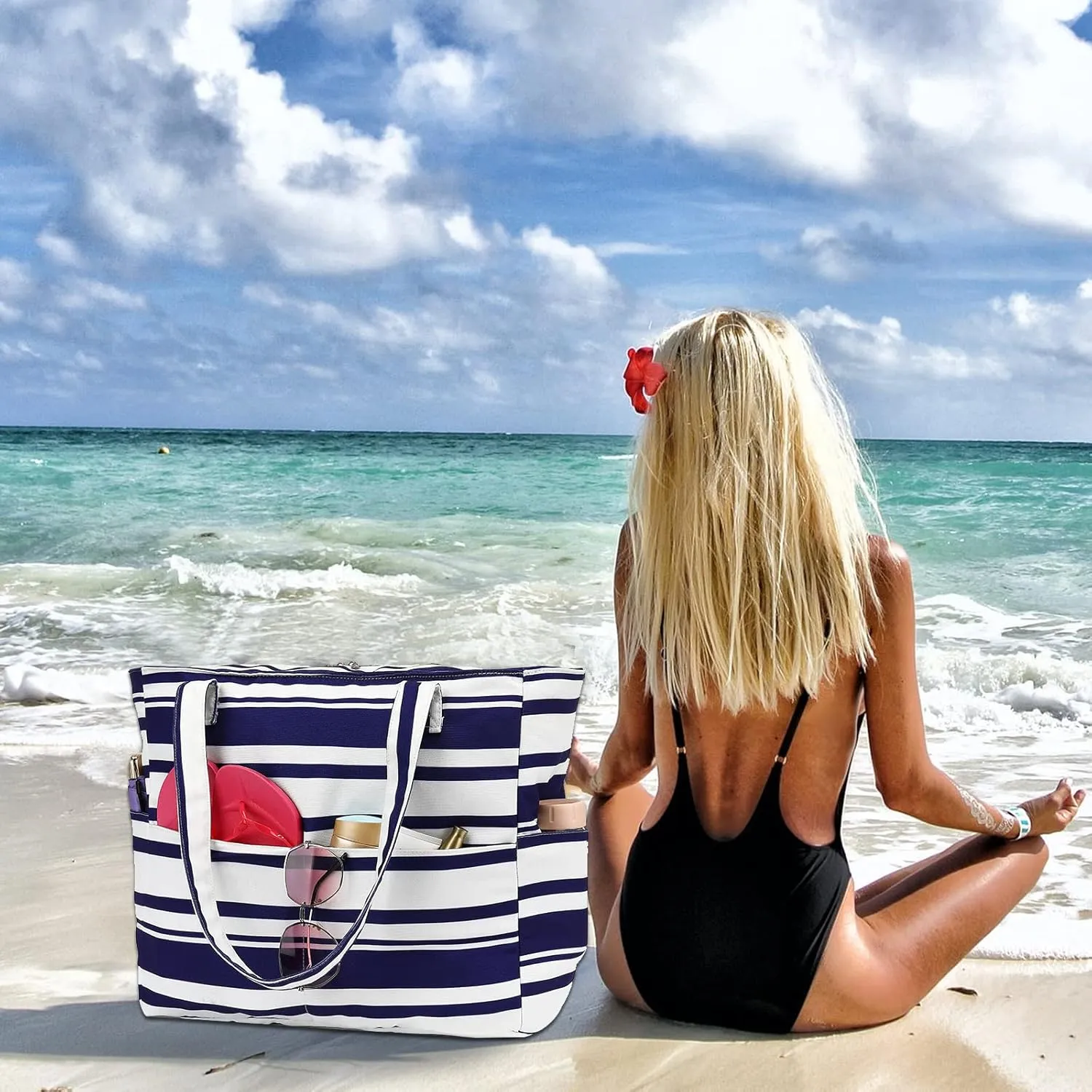 LEDAOU Beach Bag Waterproof Sandproof Women Tote Bag Pool Bag with Zipper for Gym Grocery Travel with Wet Pocket