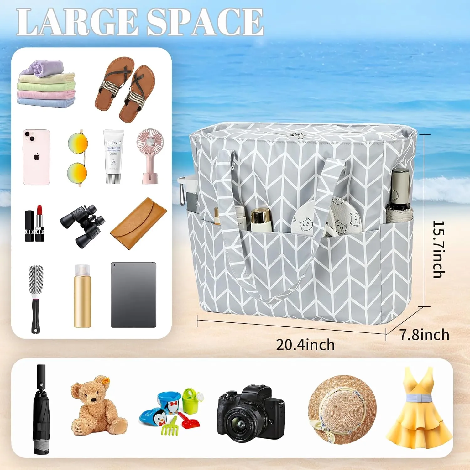 LEDAOU Beach Bag Waterproof Sandproof Women Tote Bag Pool Bag with Zipper for Gym Grocery Travel with Wet Pocket