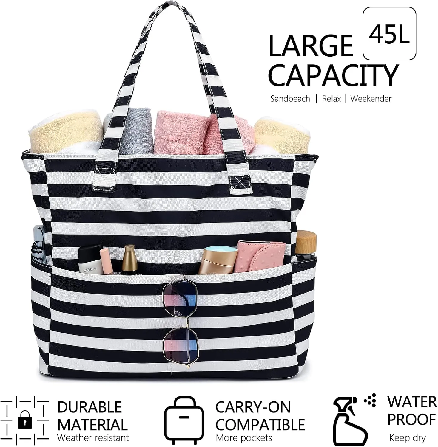 LEDAOU Beach Bag Waterproof Sandproof Women Tote Bag Pool Bag with Zipper for Gym Grocery Travel with Wet Pocket