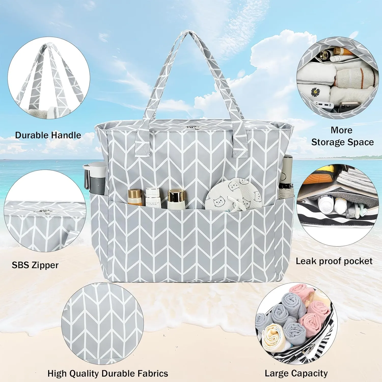 LEDAOU Beach Bag Waterproof Sandproof Women Tote Bag Pool Bag with Zipper for Gym Grocery Travel with Wet Pocket