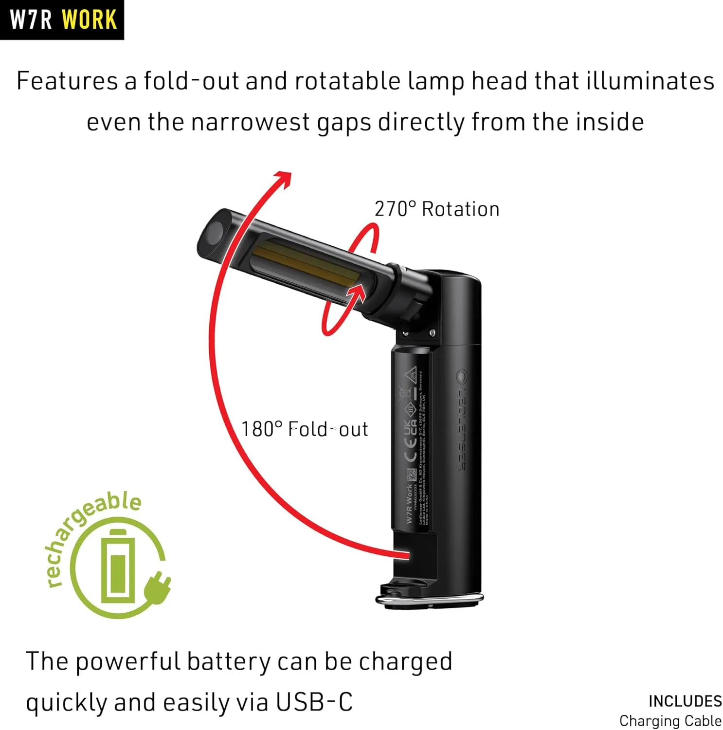 Ledlenser W7R Work Rechargeable Hands-Free Flashlight, 600 Lumens, Flexible Mounting, Fold-Out and Rotatable
