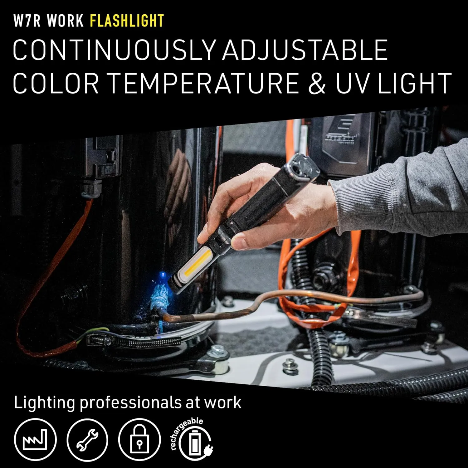 Ledlenser W7R Work Rechargeable Hands-Free Flashlight, 600 Lumens, Flexible Mounting, Fold-Out and Rotatable