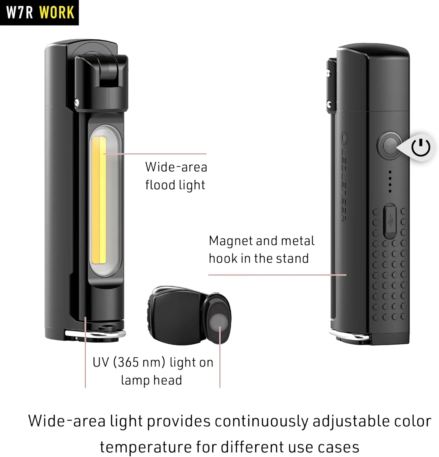 Ledlenser W7R Work Rechargeable Hands-Free Flashlight, 600 Lumens, Flexible Mounting, Fold-Out and Rotatable