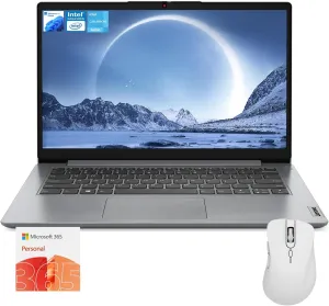 Lenovo IdeaPad 1 Everyday Laptop, 14" HD Display, 8GB RAM, 384GB Storage(128GB eMMC   256GB PCIe), 1 Yr Office 365 Included, Intel Core Processor, Win 11 Home, Bundle with Thunderobot Wireless Mouse