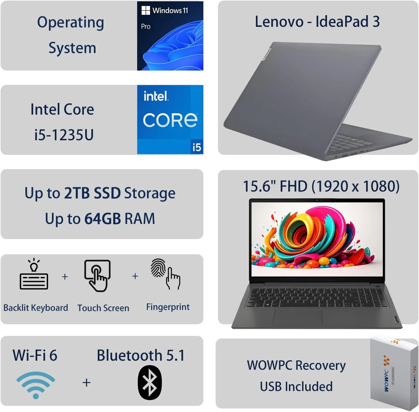 Lenovo IdeaPad 3 Business Laptop with Backlit Keyboard & Touchscreen, Intel Core i5-1235U 10-core Processor, 15.6" FHD, 40GB RAM, 1TB SSD, Fingerprint Reader, Windows 11 Pro, WOWPC Recovery USB