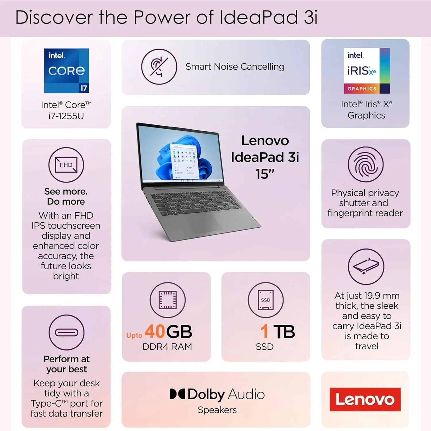 Lenovo IdeaPad 3 Laptop| Intel Core i7-1255U Processor| Touchscreen| 15.6 inch Full HD Display| 40GB RAM, 1TB PCIe SSD|USB-C, HDMI, Card Reader| Office Trial| Backlit Keyboard| Windows 11