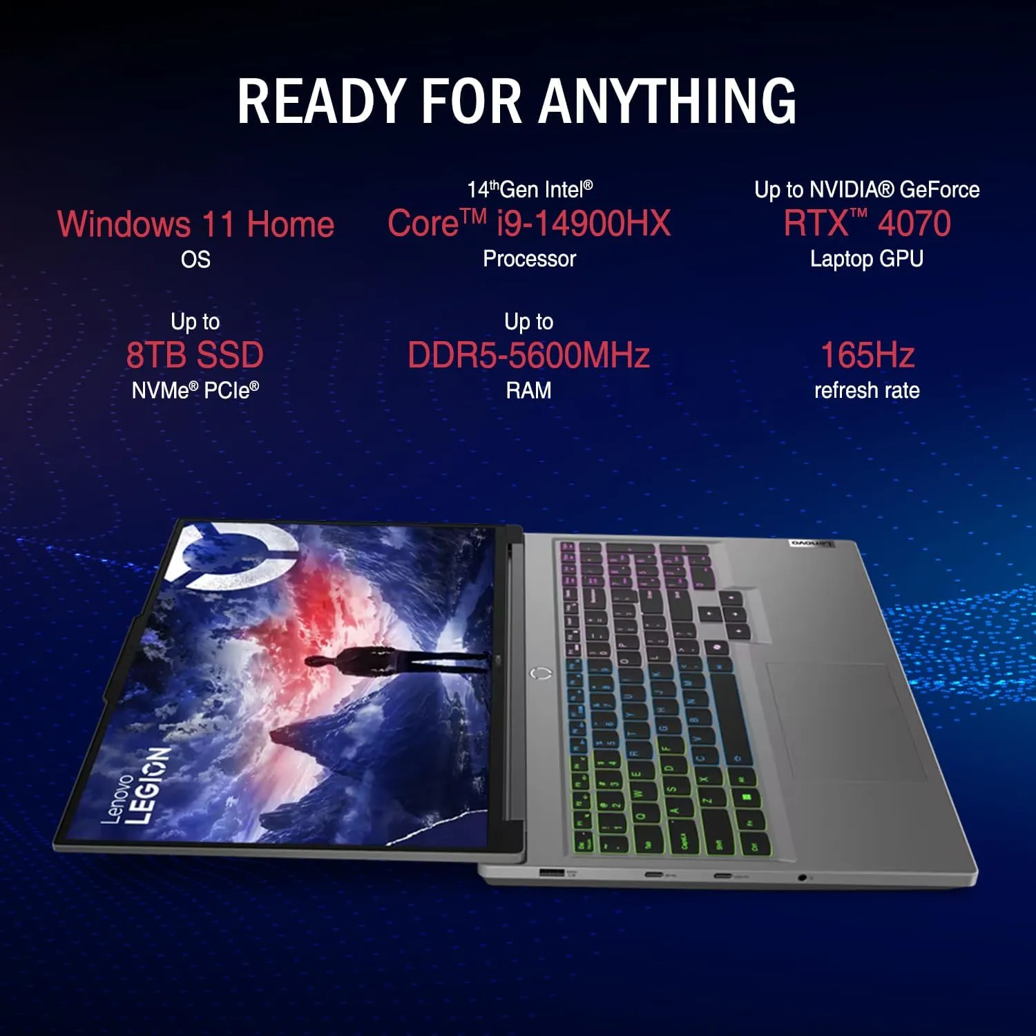 Lenovo Legion 16" QHD  i9 RTX 4070 Gaming Laptop, 16" QHD  (2560 x 1600) 165 Hz, Intel i9-14900HX, NVIDIA GeForce RTX 4070, 64GB RAM, 4TB SSD, RGB Backlit Keyboard, Windows 11 Home, Grey