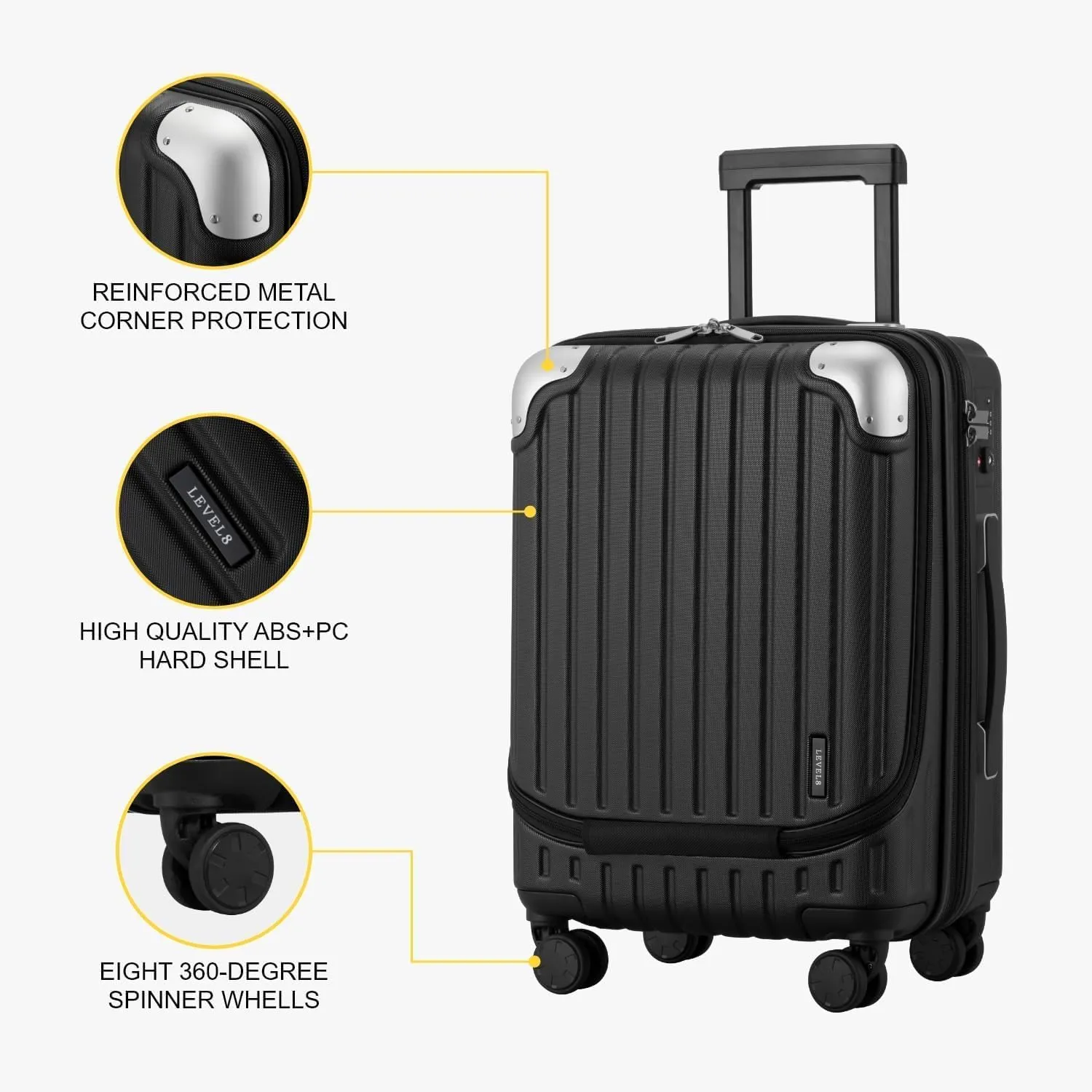 LEVEL8 Grace Carry on Luggage, 20 Inch Hard Shell Suitcases with Spinner Wheels, Abs Pc Hard Case Luggages with Tsa Lock, Black