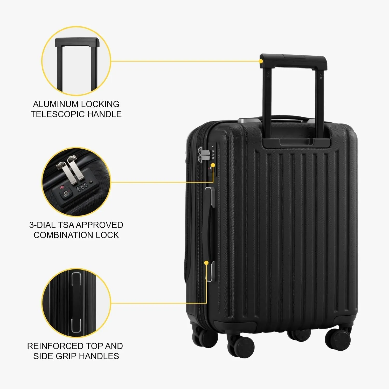 LEVEL8 Grace Carry on Luggage, 20 Inch Hard Shell Suitcases with Spinner Wheels, Abs Pc Hard Case Luggages with Tsa Lock, Black