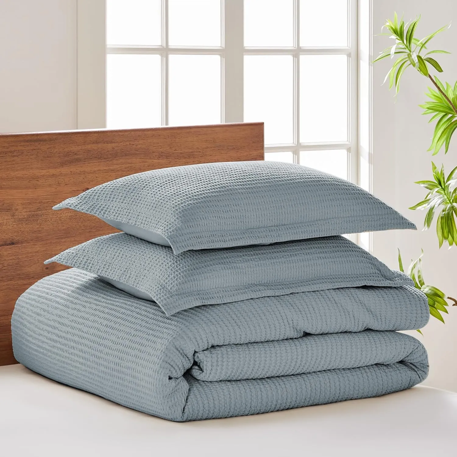 Levtex Home - Cloud Waffle Comforter Set - King Comforter   Two King Pillow Cases - Waffle Weave - Chambray - Comforter (106 x 94in.) and Pillow Case (36 x 20in.) - Cotton