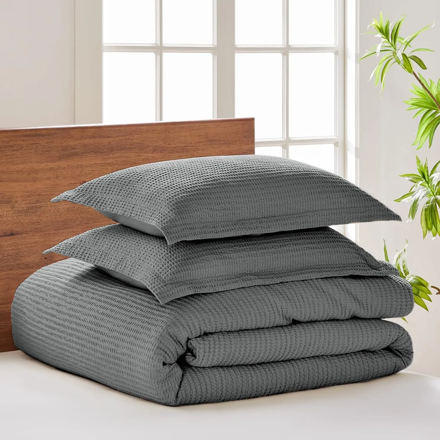 Levtex Home - Cloud Waffle Comforter Set - King Comforter   Two King Pillow Cases - Waffle Weave - Charcoal - Comforter (106 x 94in.) and Pillow Case (36 x 20in.) - Cotton