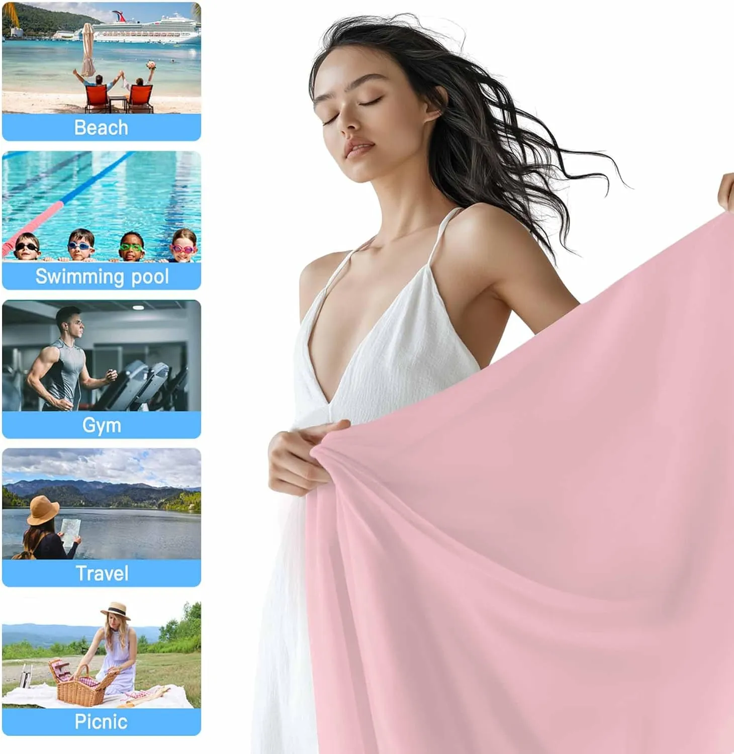 Light Pink Microfiber Sandproof Beach Towel for Pool Swimming, Pure Pink Solid Color Simple Minimalism Art Quick Dry Absorbent Soft Towels for Bath Camping Travel, Lightweight Breathable 30"x60"
