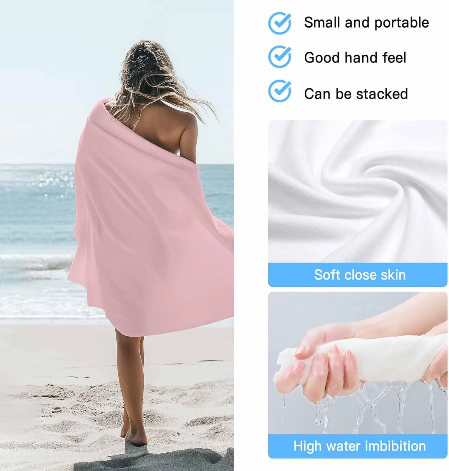 Light Pink Microfiber Sandproof Beach Towel for Pool Swimming, Pure Pink Solid Color Simple Minimalism Art Quick Dry Absorbent Soft Towels for Bath Camping Travel, Lightweight Breathable 30"x60"