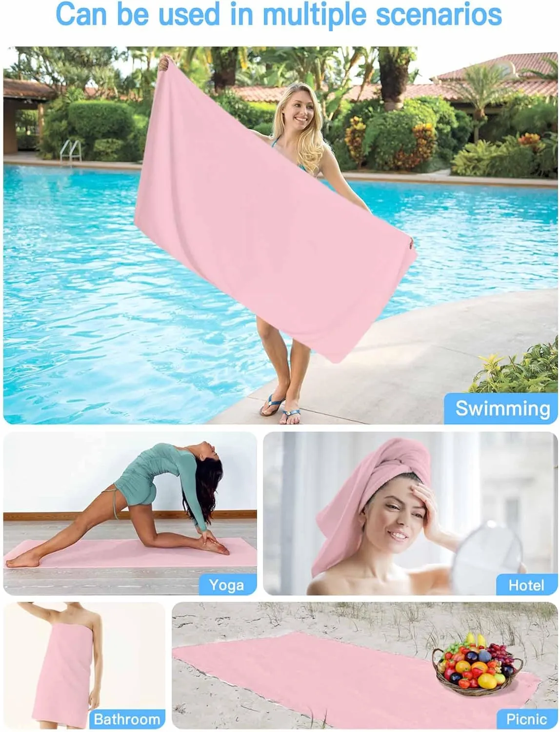 Light Pink Microfiber Sandproof Beach Towel for Pool Swimming, Pure Pink Solid Color Simple Minimalism Art Quick Dry Absorbent Soft Towels for Bath Camping Travel, Lightweight Breathable 30"x60"
