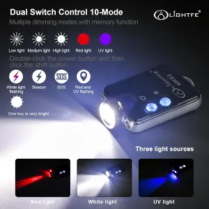 LIGHTFE Key-Chain Flashlight MK63 3 in 1 uv Light Glare White Light red Light for EDC Flashlight, Camping Flashlight, Emergency Light Designs to Max. 300LM Brightness, 3 Colors LED Lamp(Black)