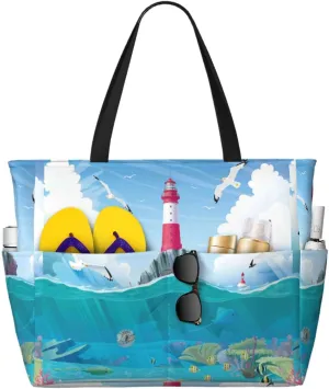 Lighthouse Sea Port For Beach Bag For Women Large Beach Tote Bag Waterproof Sandproof Swim Bag With Zipper Pockets Beach Vacation Travel