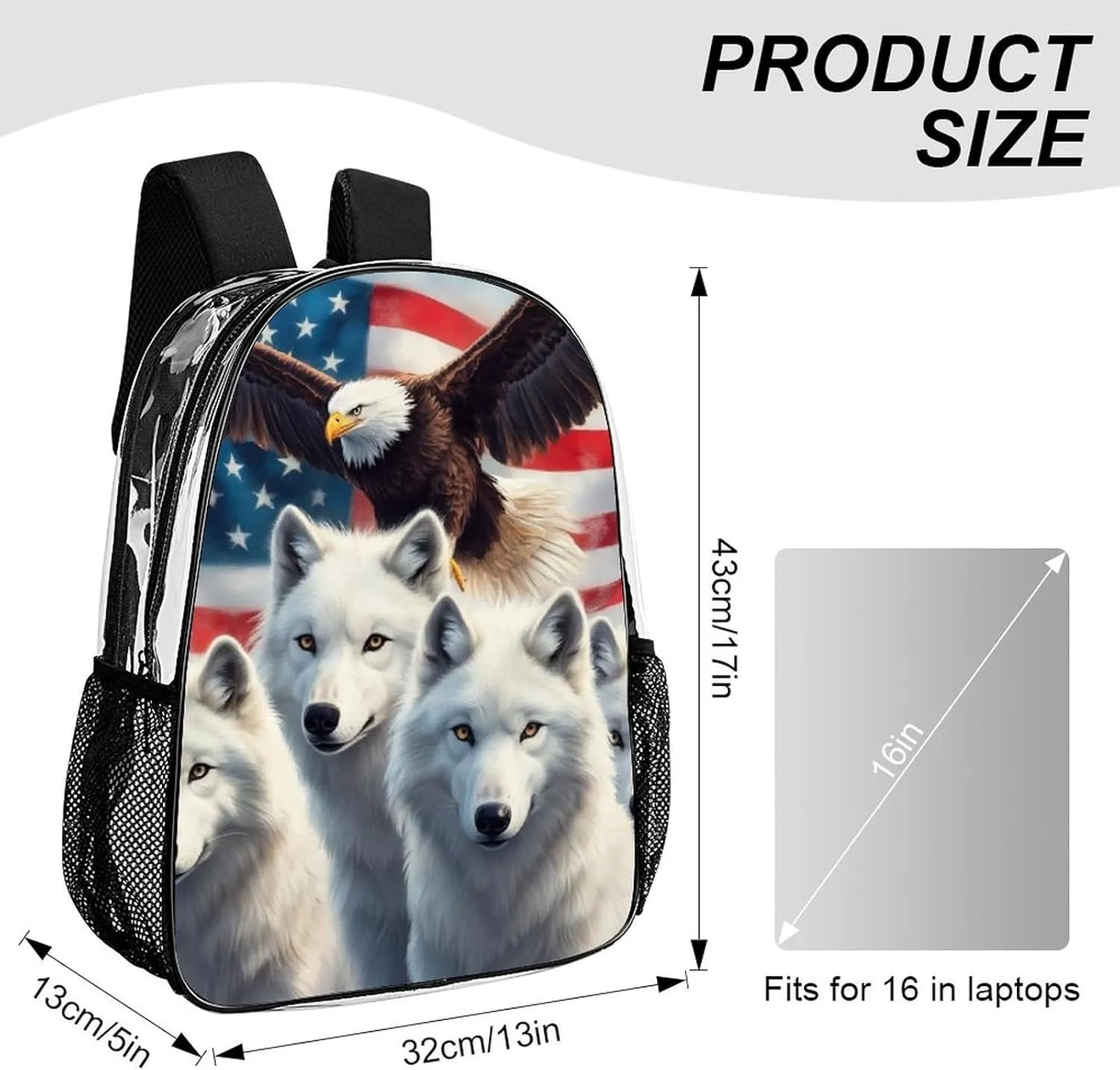 Lightweight Rucksack for Sports Travel Running - Big Capacity Multipurpose Transparent Bookbag, American Flag Eagles Wolf Art Travel and Sport Backpack Rucksack