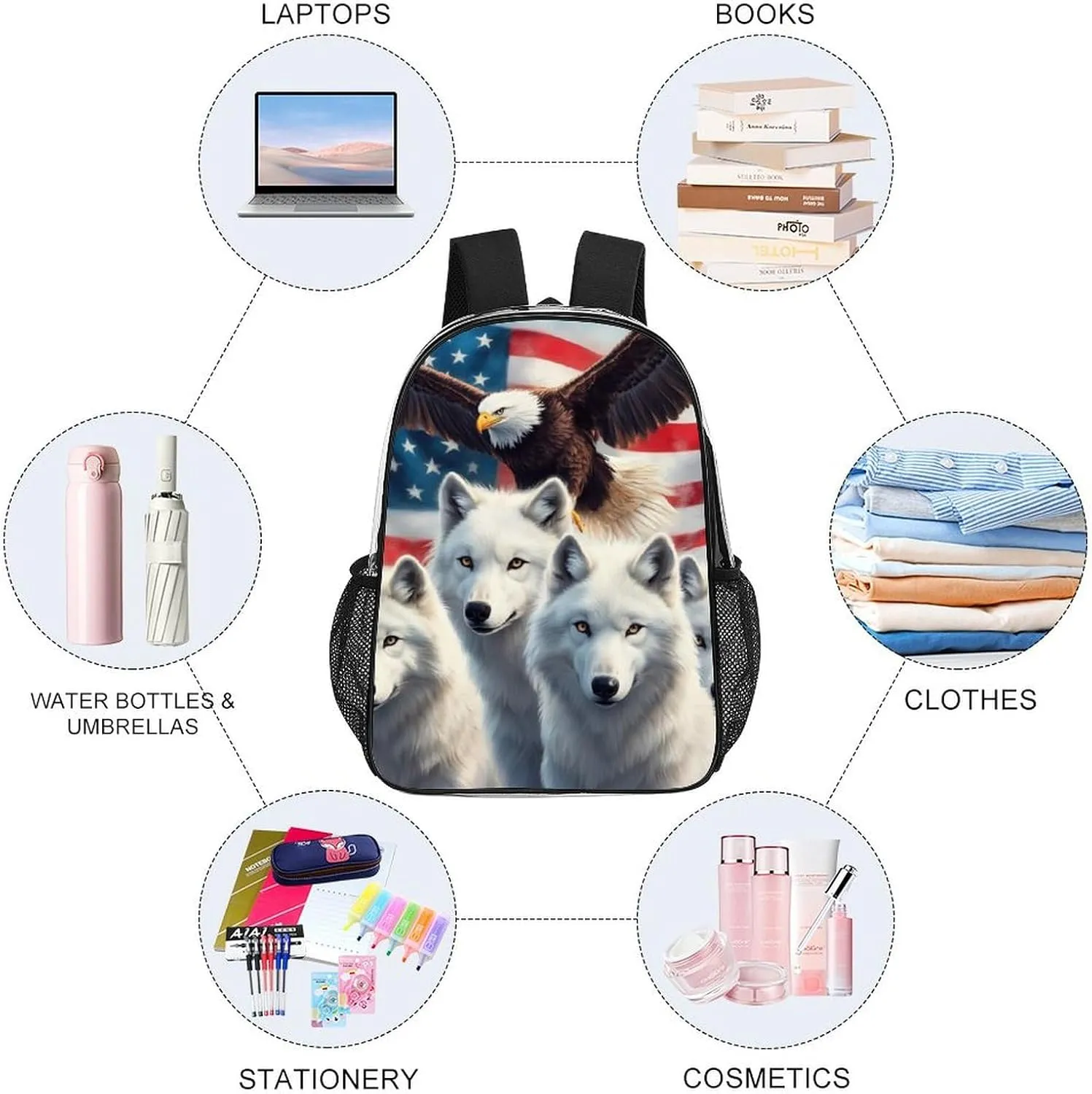 Lightweight Rucksack for Sports Travel Running - Big Capacity Multipurpose Transparent Bookbag, American Flag Eagles Wolf Art Travel and Sport Backpack Rucksack