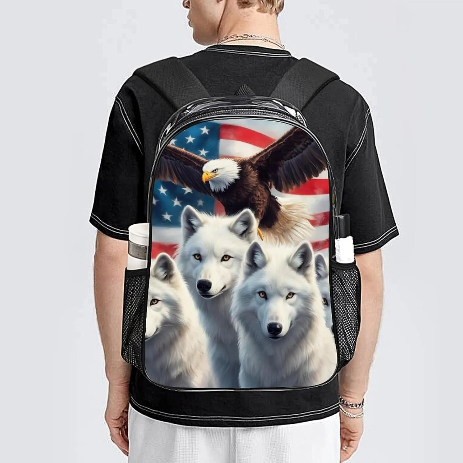 Lightweight Rucksack for Sports Travel Running - Big Capacity Multipurpose Transparent Bookbag, American Flag Eagles Wolf Art Travel and Sport Backpack Rucksack