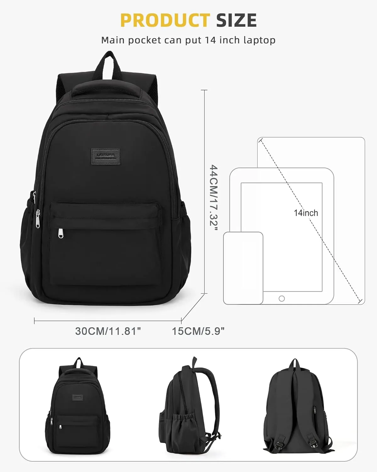 Lightweight School Backpack for Women Men, Black Laptop Travel Casual Daypack College Secondary School Bags Bookbag for Teenage Girls Boys