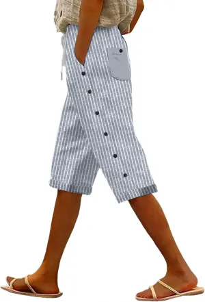 Linen Capri Pants for Women Casual High Waist Side Button Striped Lounge Pants Drawstring Straight Leg 3/4 Trousers