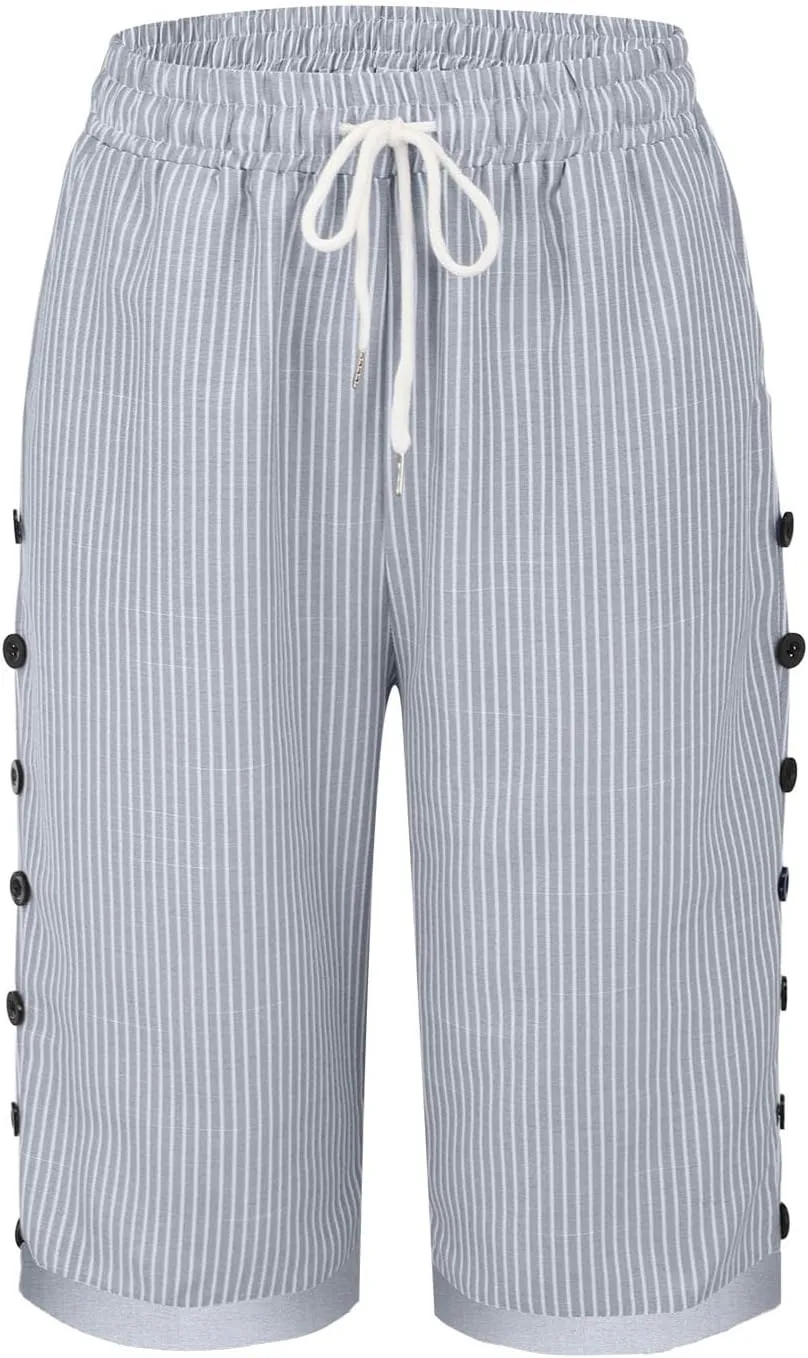 Linen Capri Pants for Women Casual High Waist Side Button Striped Lounge Pants Drawstring Straight Leg 3/4 Trousers