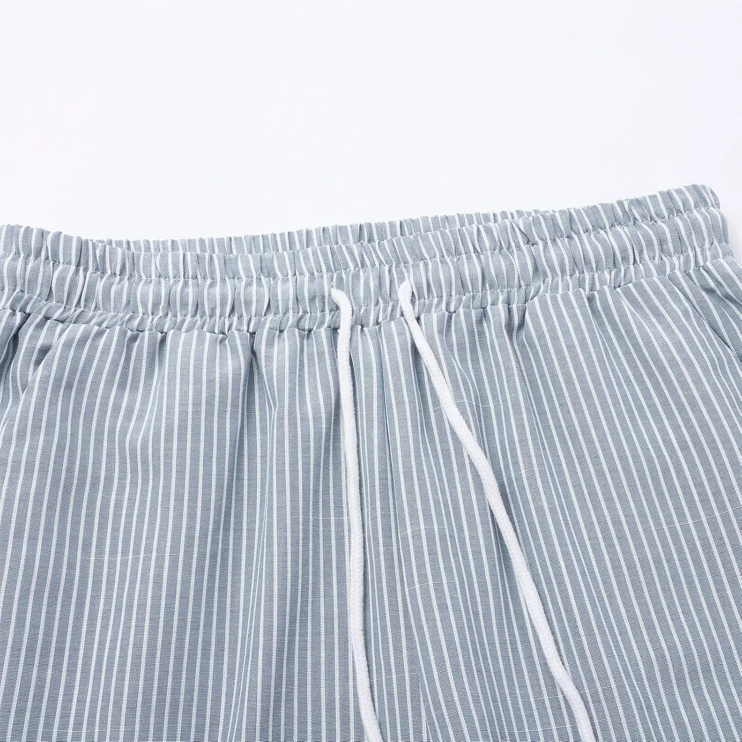 Linen Capri Pants for Women Casual High Waist Side Button Striped Lounge Pants Drawstring Straight Leg 3/4 Trousers