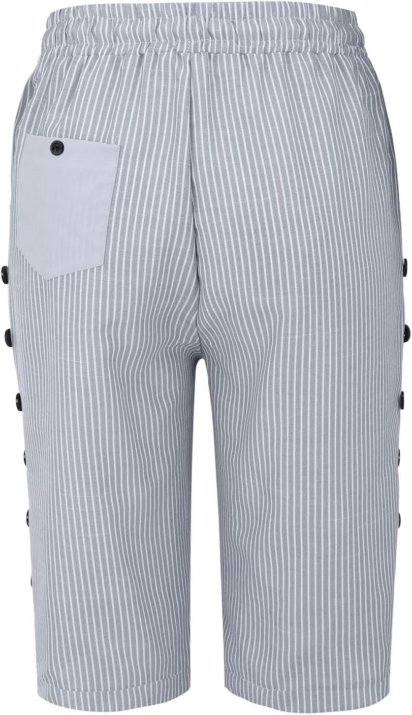 Linen Capri Pants for Women Casual High Waist Side Button Striped Lounge Pants Drawstring Straight Leg 3/4 Trousers