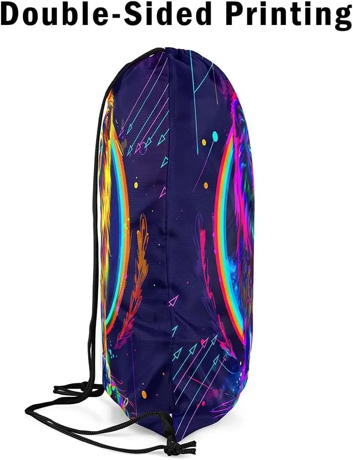 Lion Drawstring Backpack,Watercolor Circle String Bag 13X15.7,African Safari Animals Reversible Sackpack for Sport Gym Swim Yoga Camping Traveling Trip,Blue Purple