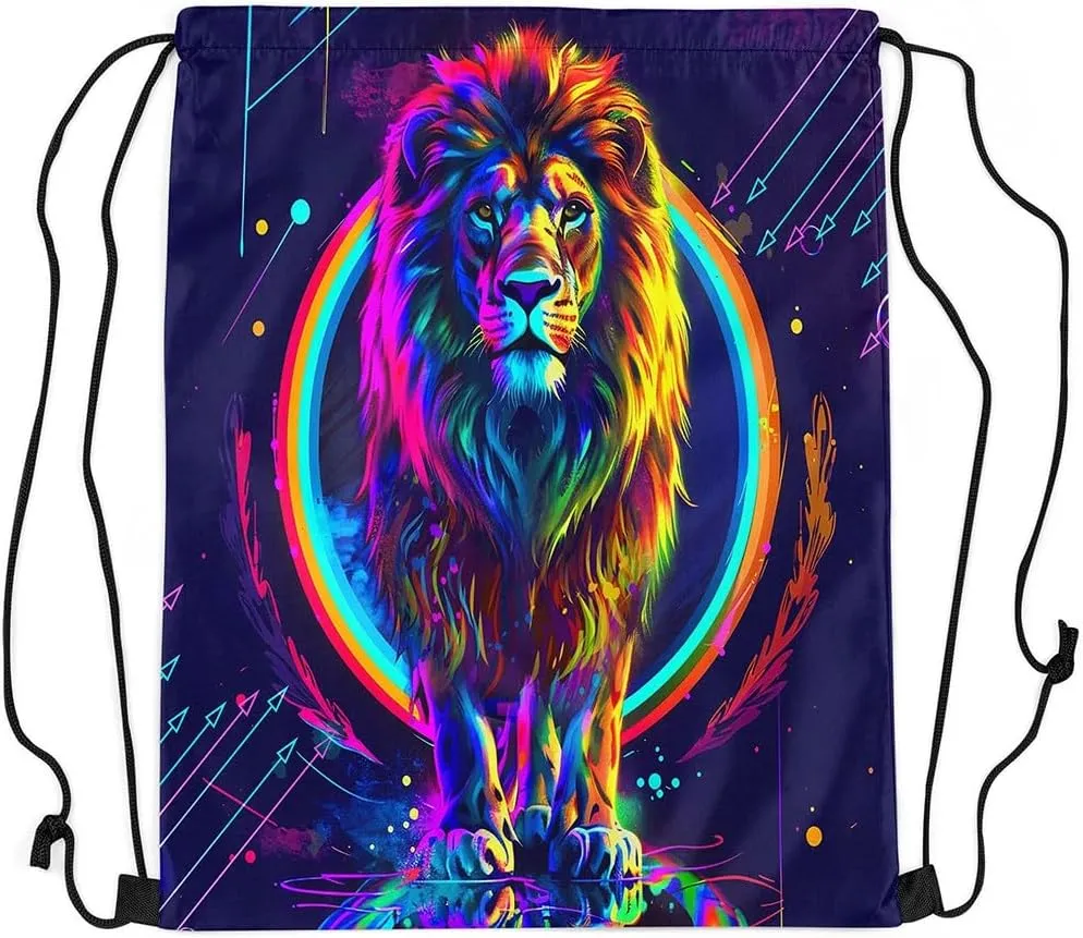 Lion Drawstring Backpack,Watercolor Circle String Bag 13X15.7,African Safari Animals Reversible Sackpack for Sport Gym Swim Yoga Camping Traveling Trip,Blue Purple