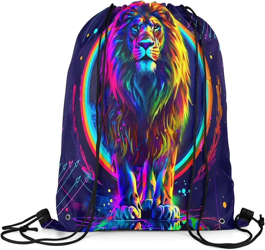Lion Drawstring Backpack,Watercolor Circle String Bag 13X15.7,African Safari Animals Reversible Sackpack for Sport Gym Swim Yoga Camping Traveling Trip,Blue Purple