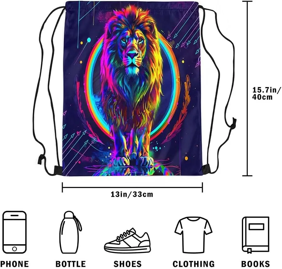 Lion Drawstring Backpack,Watercolor Circle String Bag 13X15.7,African Safari Animals Reversible Sackpack for Sport Gym Swim Yoga Camping Traveling Trip,Blue Purple