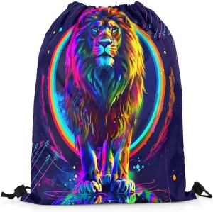 Lion Drawstring Backpack,Watercolor Circle String Bag 13X15.7,African Safari Animals Reversible Sackpack for Sport Gym Swim Yoga Camping Traveling Trip,Blue Purple