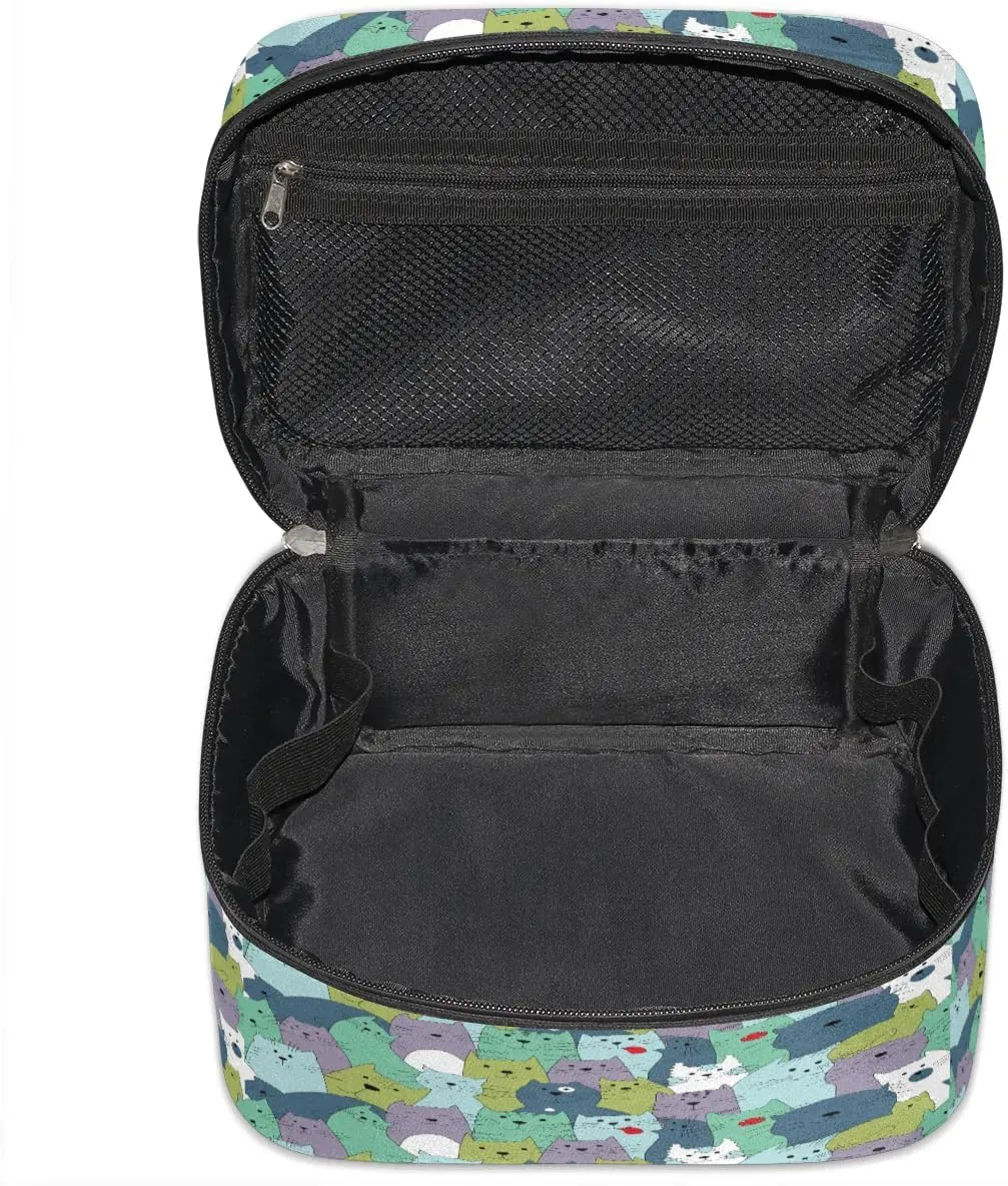 Lively Cats Makeup Bag Small Cosmetic Bag for Women Travel Makeup Case Organizer Portable Zipper Make Up Brush Bag Cute Toiletry Bag Storage Bags with Handle