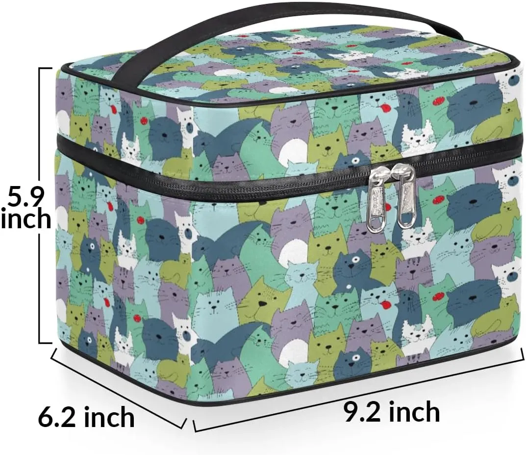 Lively Cats Makeup Bag Small Cosmetic Bag for Women Travel Makeup Case Organizer Portable Zipper Make Up Brush Bag Cute Toiletry Bag Storage Bags with Handle
