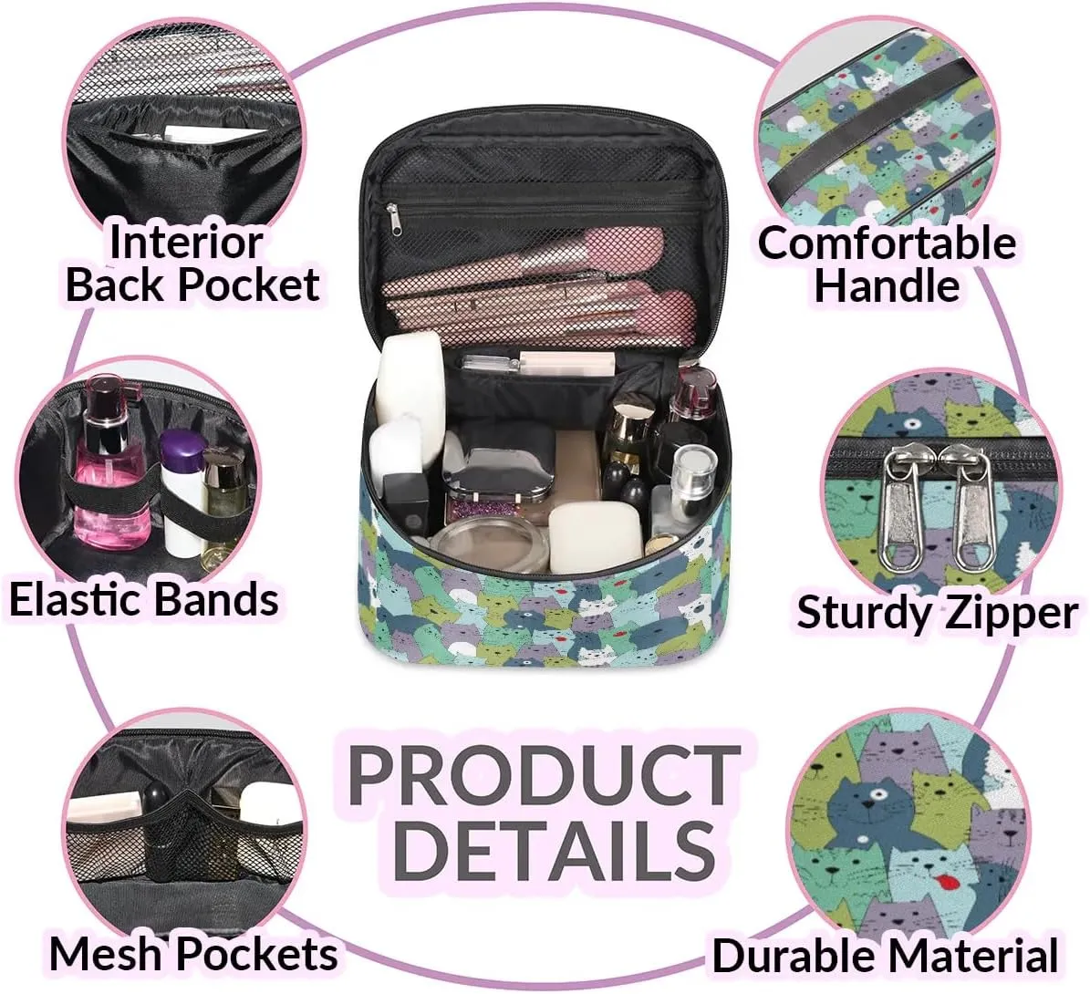 Lively Cats Makeup Bag Small Cosmetic Bag for Women Travel Makeup Case Organizer Portable Zipper Make Up Brush Bag Cute Toiletry Bag Storage Bags with Handle