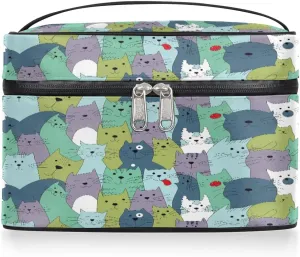 Lively Cats Makeup Bag Small Cosmetic Bag for Women Travel Makeup Case Organizer Portable Zipper Make Up Brush Bag Cute Toiletry Bag Storage Bags with Handle