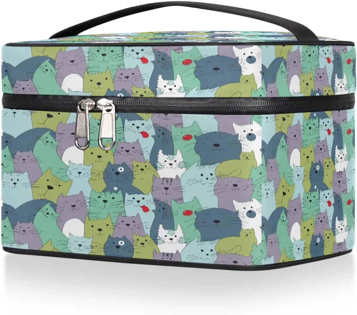 Lively Cats Makeup Bag Small Cosmetic Bag for Women Travel Makeup Case Organizer Portable Zipper Make Up Brush Bag Cute Toiletry Bag Storage Bags with Handle