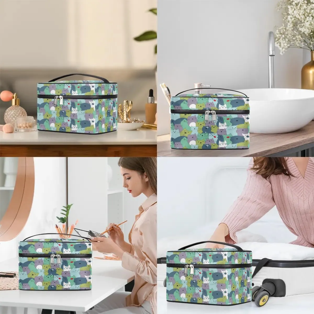 Lively Cats Makeup Bag Small Cosmetic Bag for Women Travel Makeup Case Organizer Portable Zipper Make Up Brush Bag Cute Toiletry Bag Storage Bags with Handle