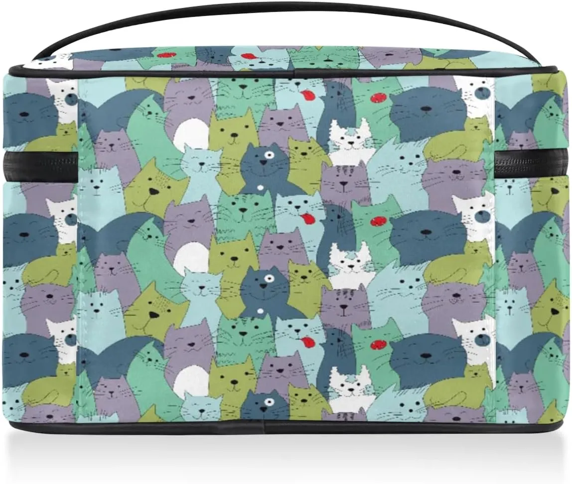 Lively Cats Makeup Bag Small Cosmetic Bag for Women Travel Makeup Case Organizer Portable Zipper Make Up Brush Bag Cute Toiletry Bag Storage Bags with Handle